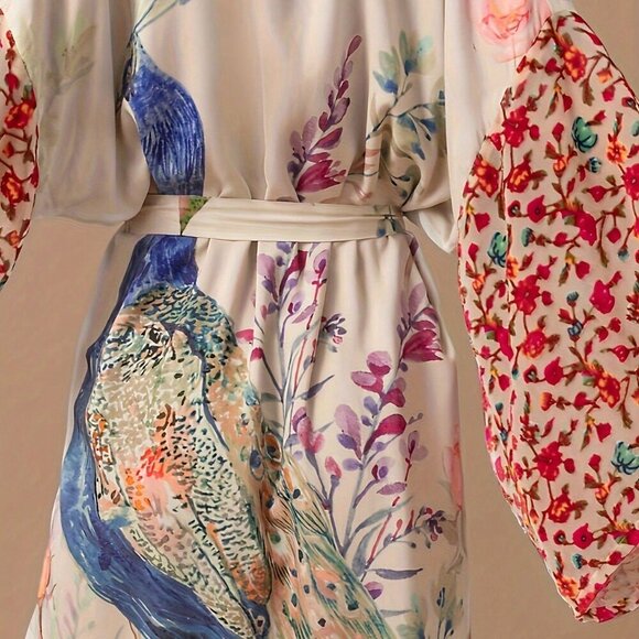 Women's Printed Beach Smock Peacock Pattern Printed Belt kimono robe - Picture 6 of 6